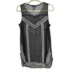 Alfani Womens Plus Size 0X Black White Embroidered Tunic Sheer Sleeveless Top